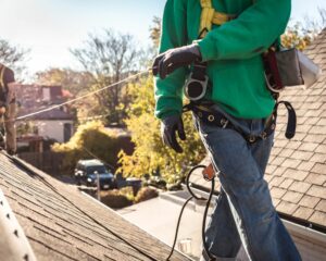 Technicien qui installe des panneaux solaires sur le toit d'une maison