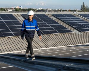Technicien qui installe des panneaux solaires